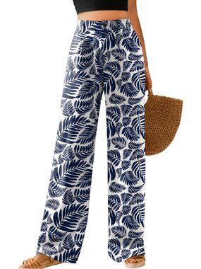 Women's Palm Leaf-white High Waisted Button Down Straight Long Wide Leg Pants